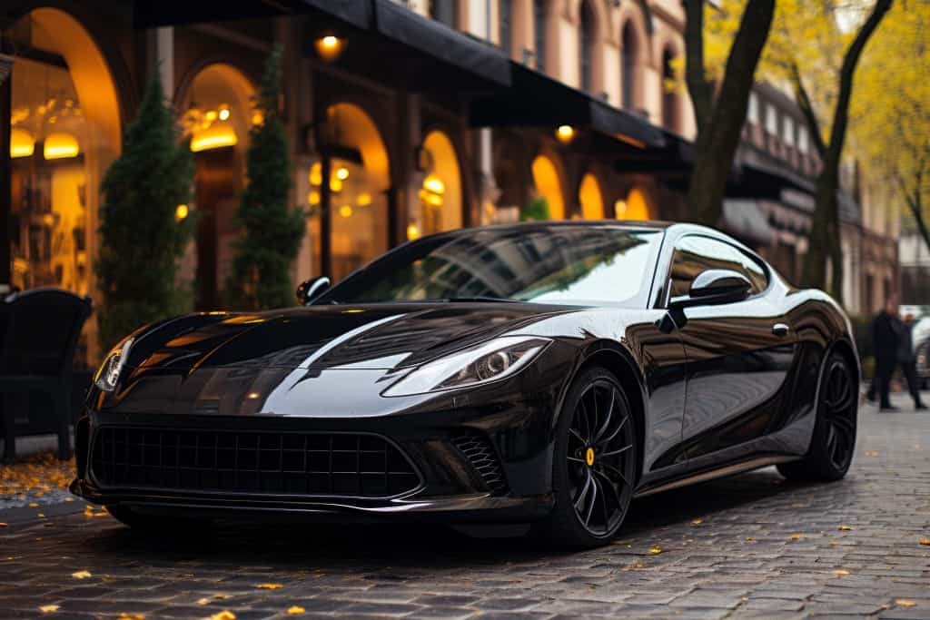 Futuristic sports super concept car on the street of a European city street racing on expensive exclusive luxury auto